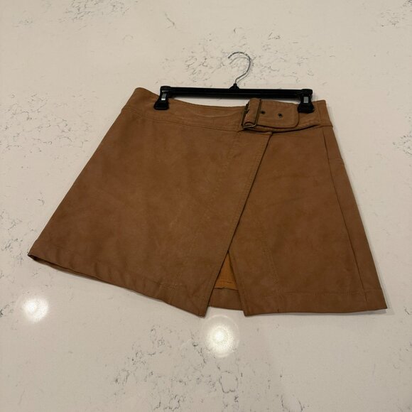 FREE PEOPLE | Camel Faux Suede Wrap Mini Skirt Size 6 - Picture 1 of 9
